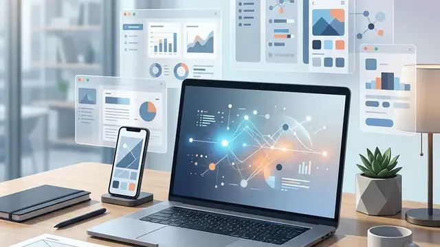 Рабочий стол со скриншотами и абстрактным интерфейсом нейросети