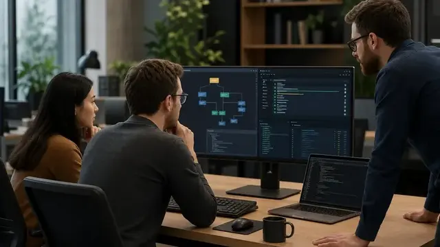 Команда обсуждает автоматизацию API-тестов на экране с схемой интерфейса